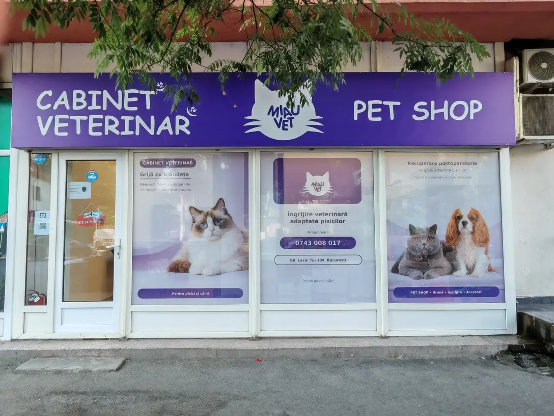 Fațada cabinetului: firmă mov cu sigla Miau Vet între „Cabinet veterinar" și „Pet shop", vitrine cu grafică și ușa de intrare.